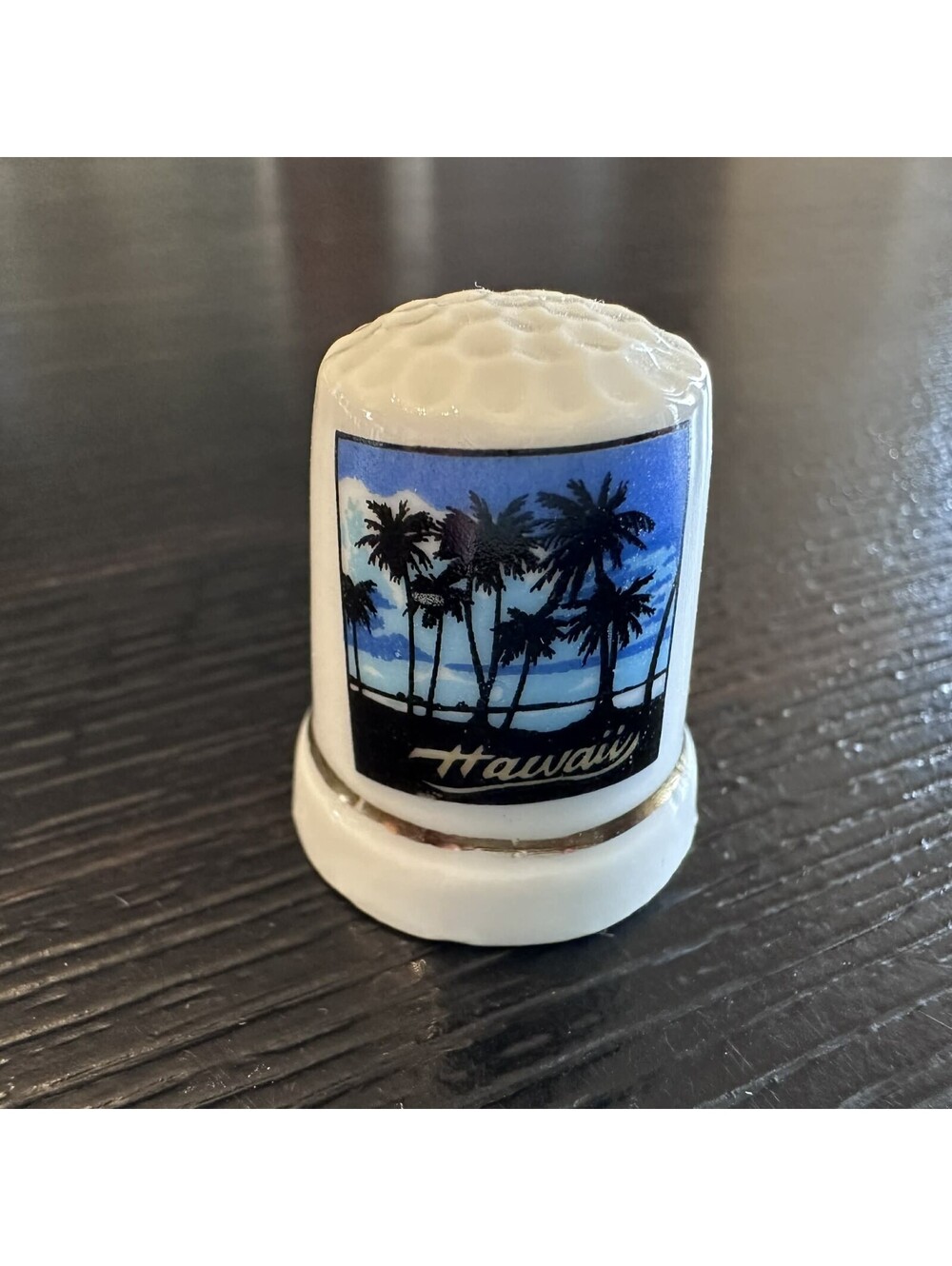 Vintage Hawaii Souvenir Thimble Palm Trees Tropical Beach Gold Trim EUC